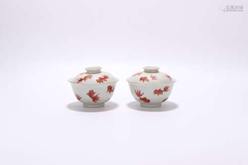 pair of chinese red glazed bowls with lids