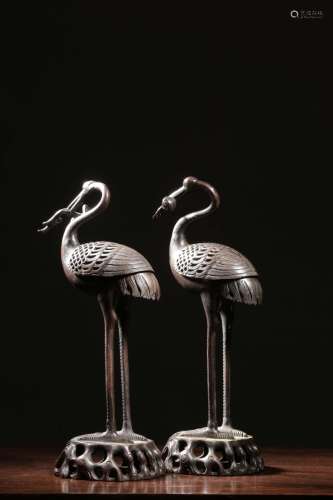 pair of chinese bronze crane-shaped censers