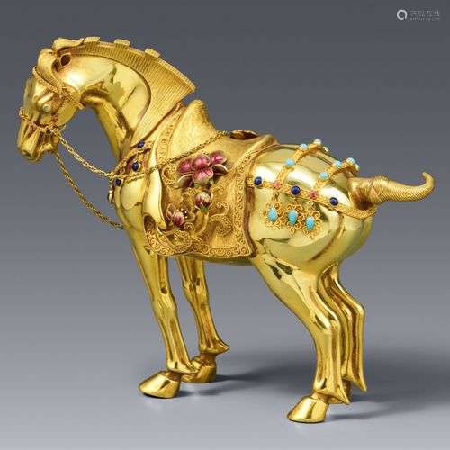 Modèle d'un cheval décoré. Feuille d'or 17 carats, pierres e...