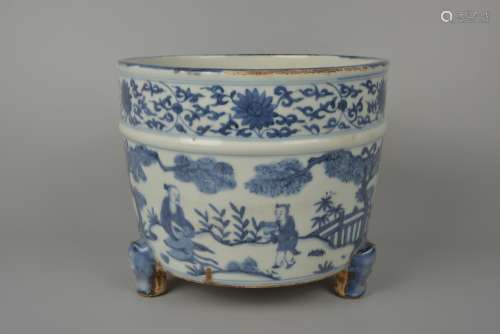 15th century style blue-and-white figues tripod censer