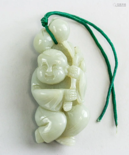 Chinese White Jade Carved Happy Boy Pendant