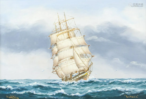Acrylic on Canvas Ship on Ocean Signed Hindstrom
