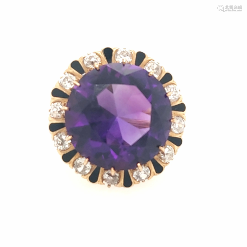 18k Yellow Gold Amethyst Diamond and Enamel Ring