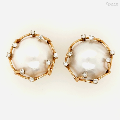 14k Yellow Gold Mabe Pearl and Diamond Earrings