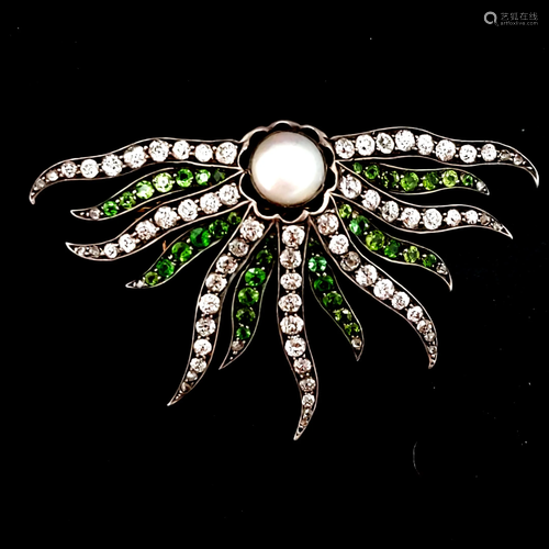 Art Deco Diamond and Demantoid Brooch