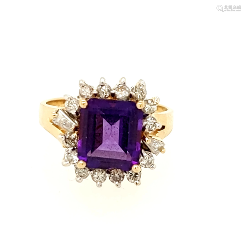 14k Yellow Gold Amethyst and Diamond Ring