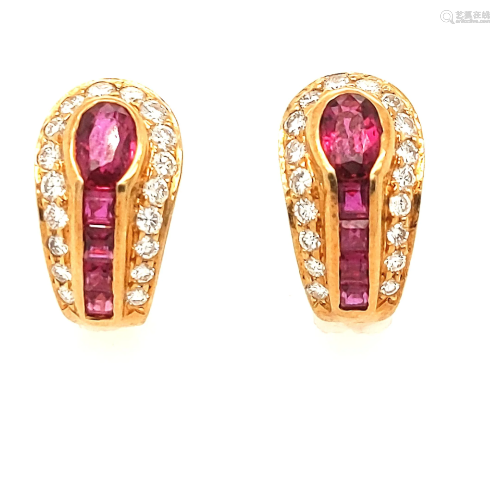 18k Yellow Gold Ruby and Diamond Earrings