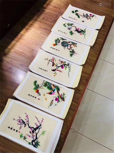 A GROUP OF SIX CHINESE EMBROIDERIES OF FLOWERS AND
