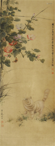 A CHINESE PAINTING OF CAT, BUTTERFLY AND FLOWERS
