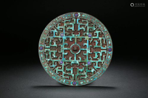 Bronze Mirror Inlaid with Turquoise Stone in Han