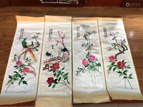 FOUR CHINESE HUNAN EMBROIDERY PANELS OF FLOWERS …