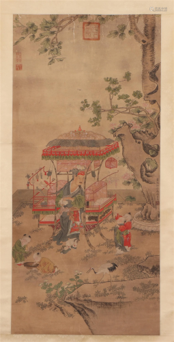 A CHINESE PAINTING DEPICTING FIGURES STORY