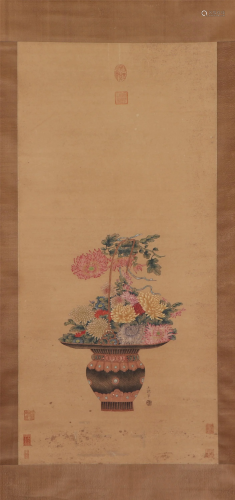 A CHINESE PAINTING OF FLOWERS IN A BASKET