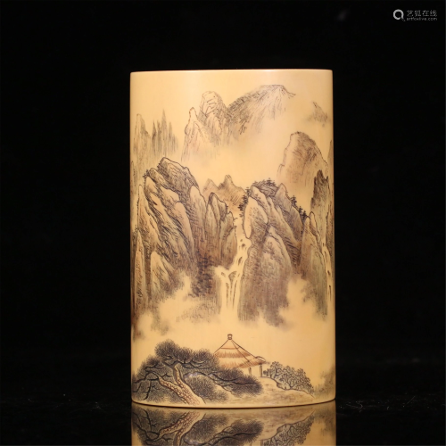 A CHINESE LANDSCAPE AND INSCRIPTIONS BRUSH POT