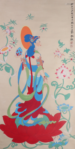 A CHINESE PAINTING OF BODHISATTVA ON LOTUS THRONE