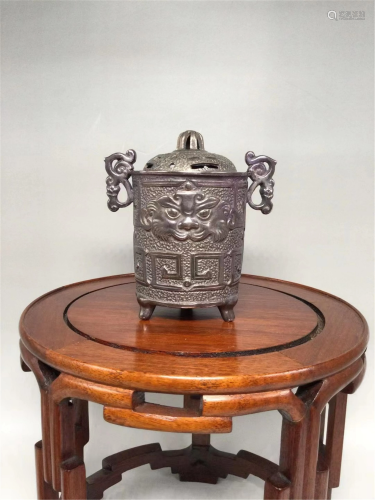 A CHINESE SILVER INCENSE BURNER WITH DOUBLE HANDLES