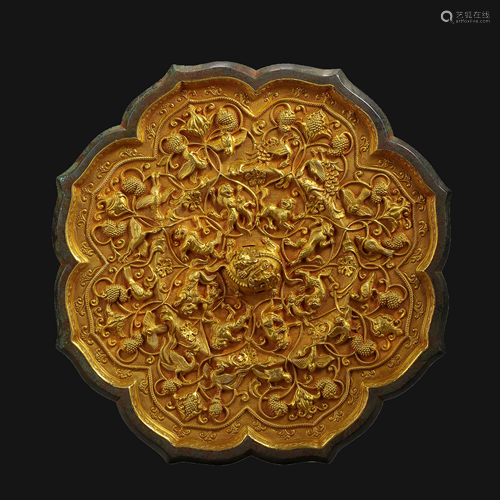 Bronze Mirror Covered with Gold and Animal Pattern in