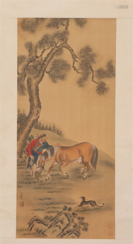 A CHINESE PAINTING OF FIGURE AND HORSE