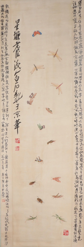 A CHINESE PAINTING OF INSECTS WITH INSCRIPTIONS