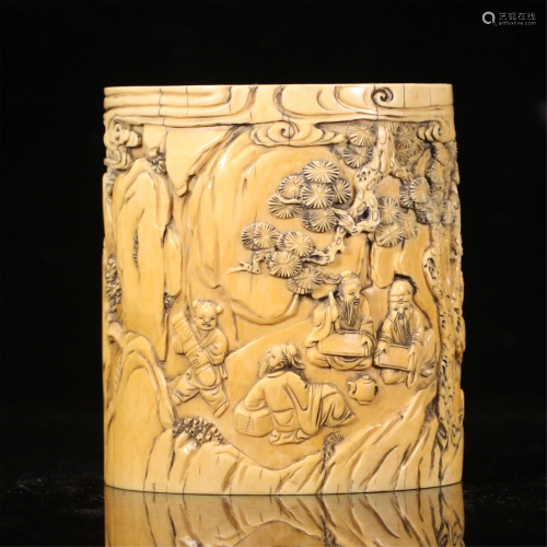 A CHINESE CARVED LANDSCAPE AND FIGURES BRUSH POT