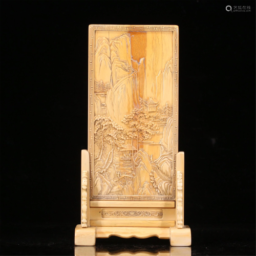 A CHINESE CARVED LANDSCAPE AND FIGURES TABLE SC…
