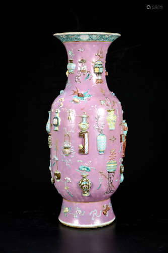 胭脂红地粉彩堆八宝纹观音瓶 早期购于国内知名拍卖公司