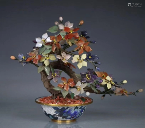 A CHINESE HARD-STONES FLOWER BONSAI AND CLOISONNE …