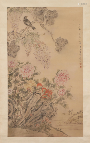A CHINESE PAINTING OF FLOWERS AND BIRD