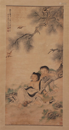 A CHINESE PAINTING OF FIGURES AND PINE TREE