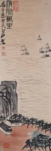 A CHINESE PAINTING OF LANDSCAPE AND SAIL BOATS
