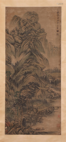 A CHINESE PAINTING OF LANDSCAPE AND FIGURE ON A BOAT