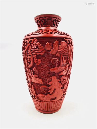 A CHINESE CARVED RED LACQUER LANDSCAPE VASE