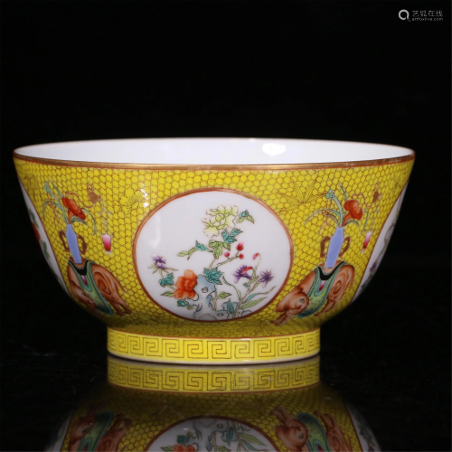A CHINESE GUAN-TYPE YELLOW GLAZE FAMILLE ROSE BOWL