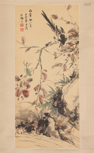 A CHINESE PAINTING OF BIRD AND MANTIS