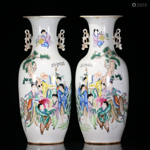 PAIR CHINESE FAMILLE ROSE FIGURES STORY DOUBLE HANDLES