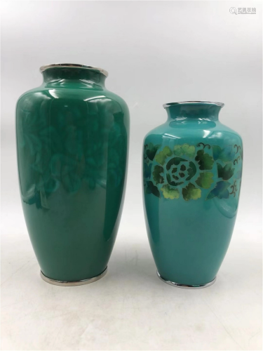 PAIR JAPANESE CLOISONNE JADEITE GREEN GROUND VASES