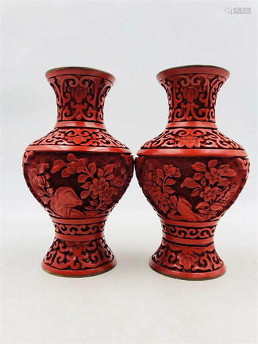 PAIR CHINESE CARVED RED LACQUER FLORAL PATTERN VASES