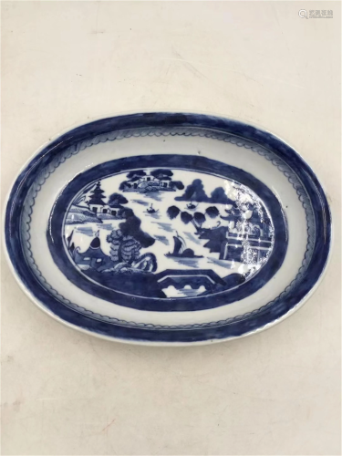A CHINESE BLUE AND WHITE LANDSCAPE OVAL PORCELAIN PLATE