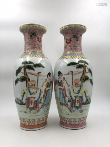 PAIR CHINESE FAMILLE ROSE FIGURES PORCELAIN VASES