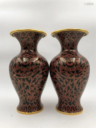 PAIR BLACK GROUND RED GLAZE CLOISONNE VASES