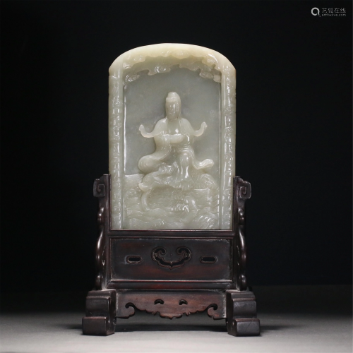A CHINESE JADE BUDDHA INLAID AND HARDWOOD TABLE SCR…