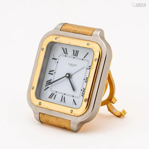 CARTIER, SMALL SANTOS TWO TONE TRAVEL CLOCK