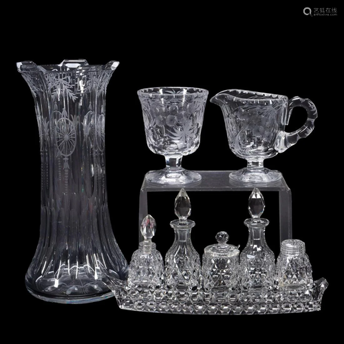 9PC GROUP CUT & ETCHED GLASS TABLEWARE