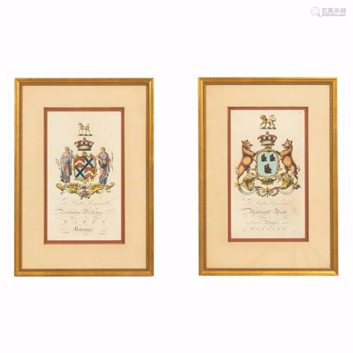 PAIR ENGLISH ARMORIAL HANDCOLORED ENGRAVINGS