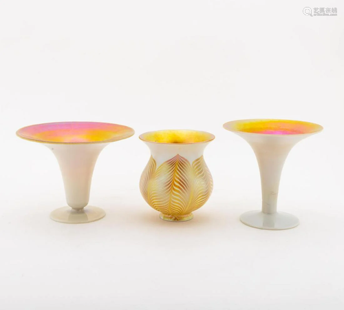 THREE CARDER STEUBEN IRIDESCENT GOLD GLASS PIECES