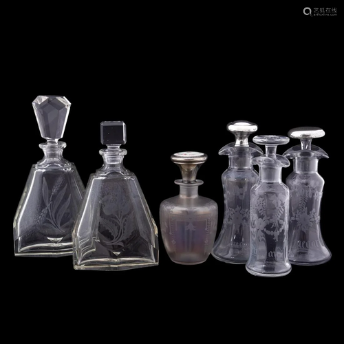 SIX HAWKES ETCHED GLASS BOTTLES, CRUET & PERFUME