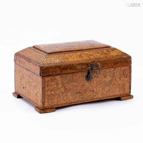 ENGLISH GEORGIAN STRAW WORK SCENIC TEA CADDY, 1790