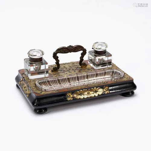 19TH C. ENGLISH BRASS BOUND WALNUT INKSTAND