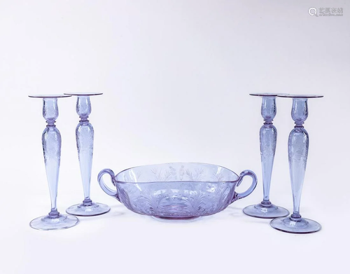 5PC AQUA ETCHED GLASS GROUP, 4 CANDLESTICKS & BOWL