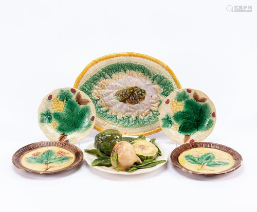 MAJOLICA TABLEWARE AND TROMPE L'OEIL PLATE, 6PC